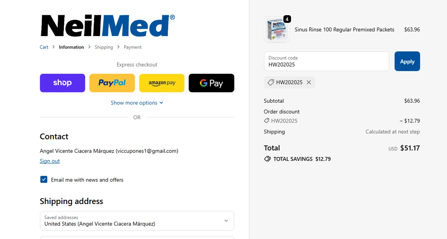 NeilMed promo code screenshot showing code hw202025 applied at NeilMed checkout page. Uploaded by SimplyCodes community member shark12 on Oct 22, 2025