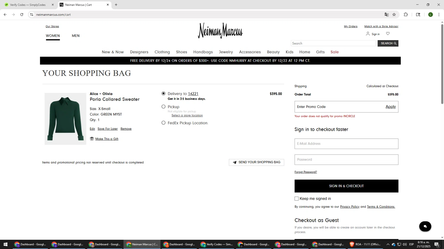 Neiman Marcus promo code screenshot showing code INCIRCLE applied at Neiman Marcus checkout page. Uploaded by SimplyCodes community member DUCATI on Dec 21, 2025