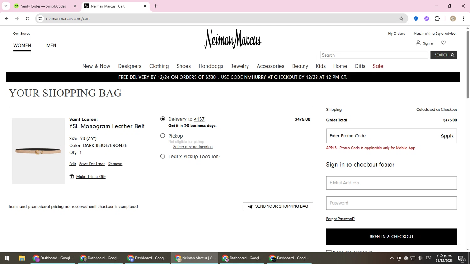 Neiman Marcus promo code screenshot showing code APP15 applied at Neiman Marcus checkout page. Uploaded by SimplyCodes community member NobleScholar4826 on Dec 21, 2025