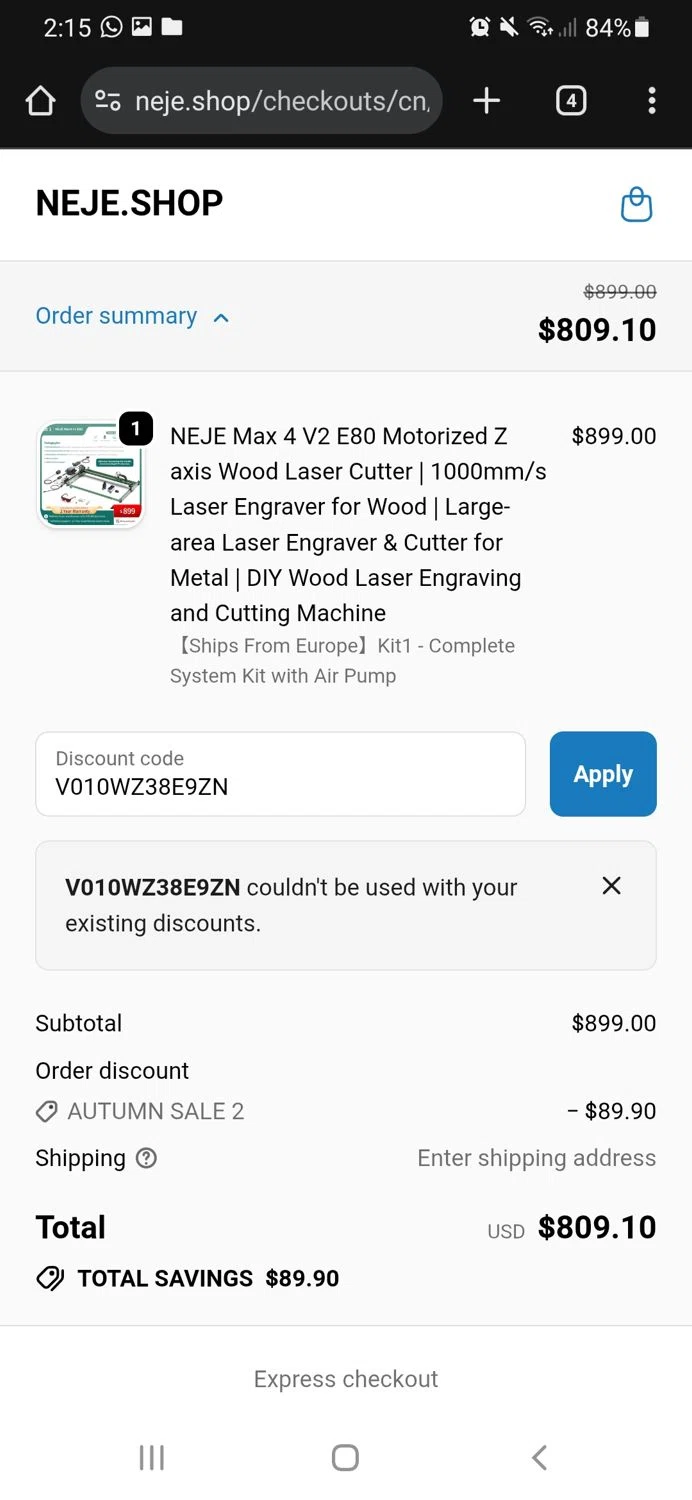 Neje Shop discount code screenshot showing code V010WZ38E9ZN applied at Neje Shop checkout page. Uploaded by SimplyCodes community member CouponSaver4196 on Oct 2, 2025
