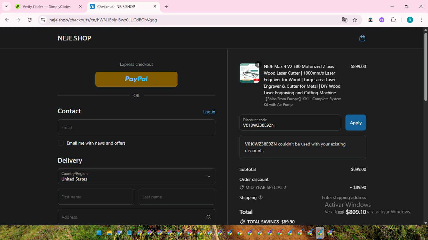 Neje Shop discount code screenshot showing code V010WZ38E9ZN applied at Neje Shop checkout page. Uploaded by SimplyCodes community member ShrewdTracker5871 on Jul 30, 2025