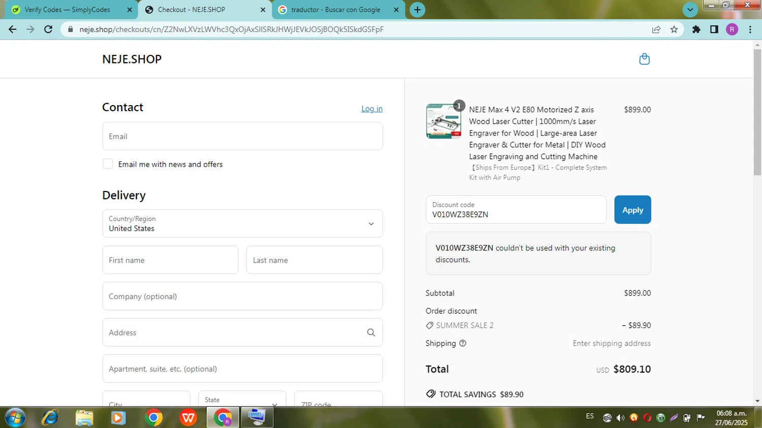 Neje Shop discount code screenshot showing code V010WZ38E9ZN applied at Neje Shop checkout page. Uploaded by SimplyCodes community member zapatoss on Jun 27, 2025