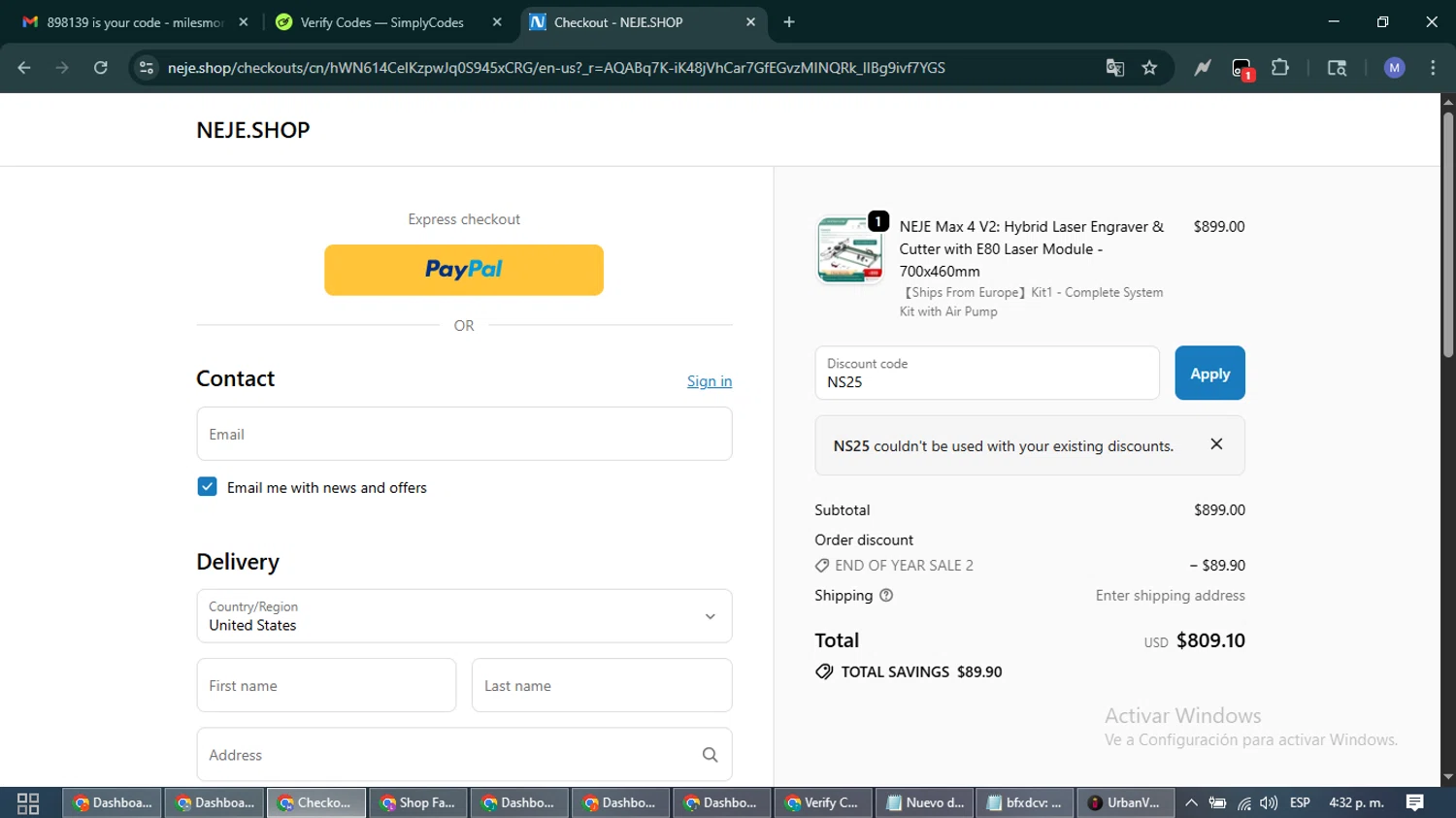 Neje Shop discount code screenshot showing code NS25 applied at Neje Shop checkout page. Uploaded by SimplyCodes community member PrimeFox5260 on Dec 3, 2025