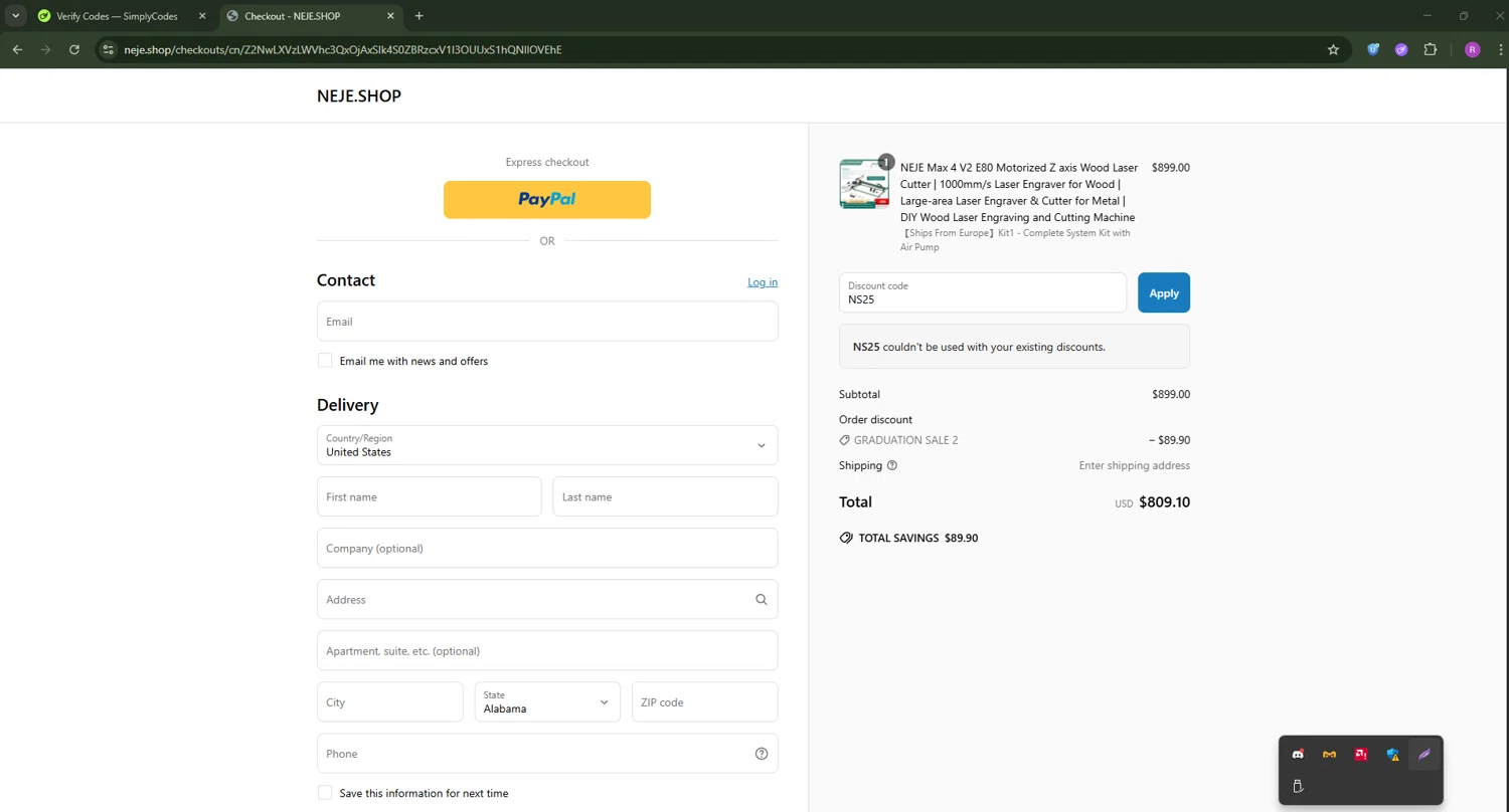 Neje Shop discount code screenshot showing code NS25 applied at Neje Shop checkout page. Uploaded by SimplyCodes community member RoyalSentinel4577 on Jun 21, 2025