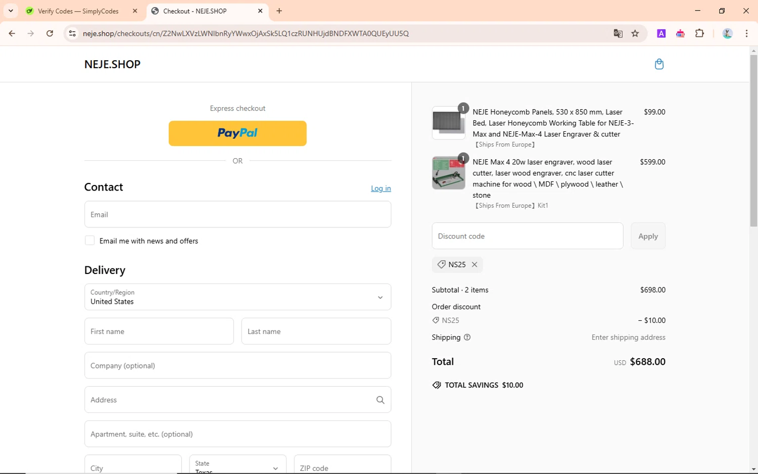 Neje Shop discount code screenshot showing code NS25 applied at Neje Shop checkout page. Uploaded by SimplyCodes community member NobleScholar188 on Mar 5, 2025