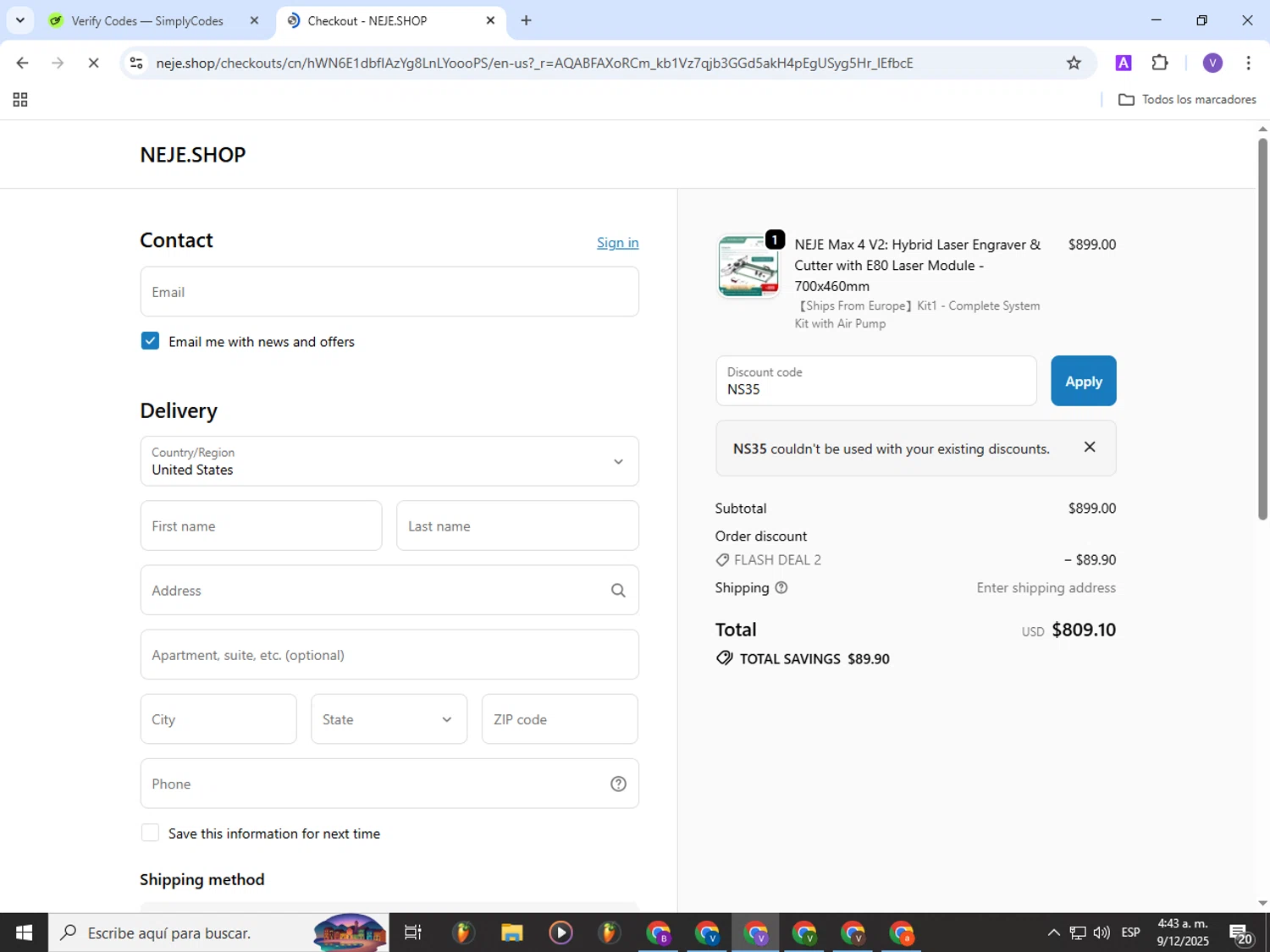 Neje Shop discount code screenshot showing code NS35 applied at Neje Shop checkout page. Uploaded by SimplyCodes community member Gianpiero on Dec 9, 2025