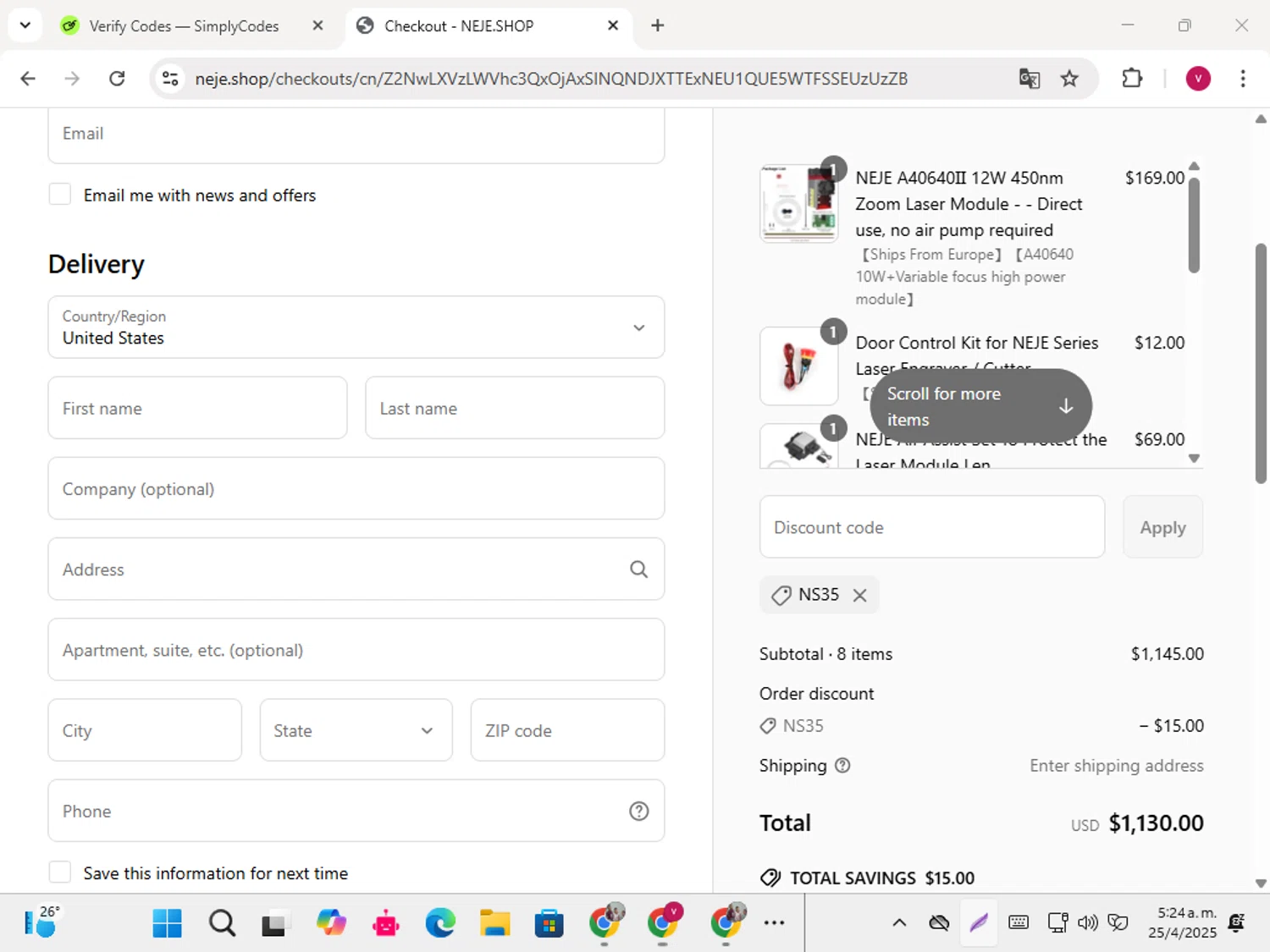 Neje Shop discount code screenshot showing code NS35 applied at Neje Shop checkout page. Uploaded by SimplyCodes community member karoline on Apr 25, 2025