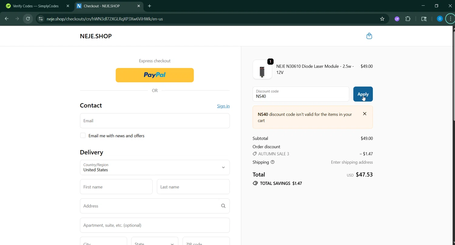 Neje Shop discount code screenshot showing code NS40 applied at Neje Shop checkout page. Uploaded by SimplyCodes community member GoldAdmiral5202 on Oct 2, 2025