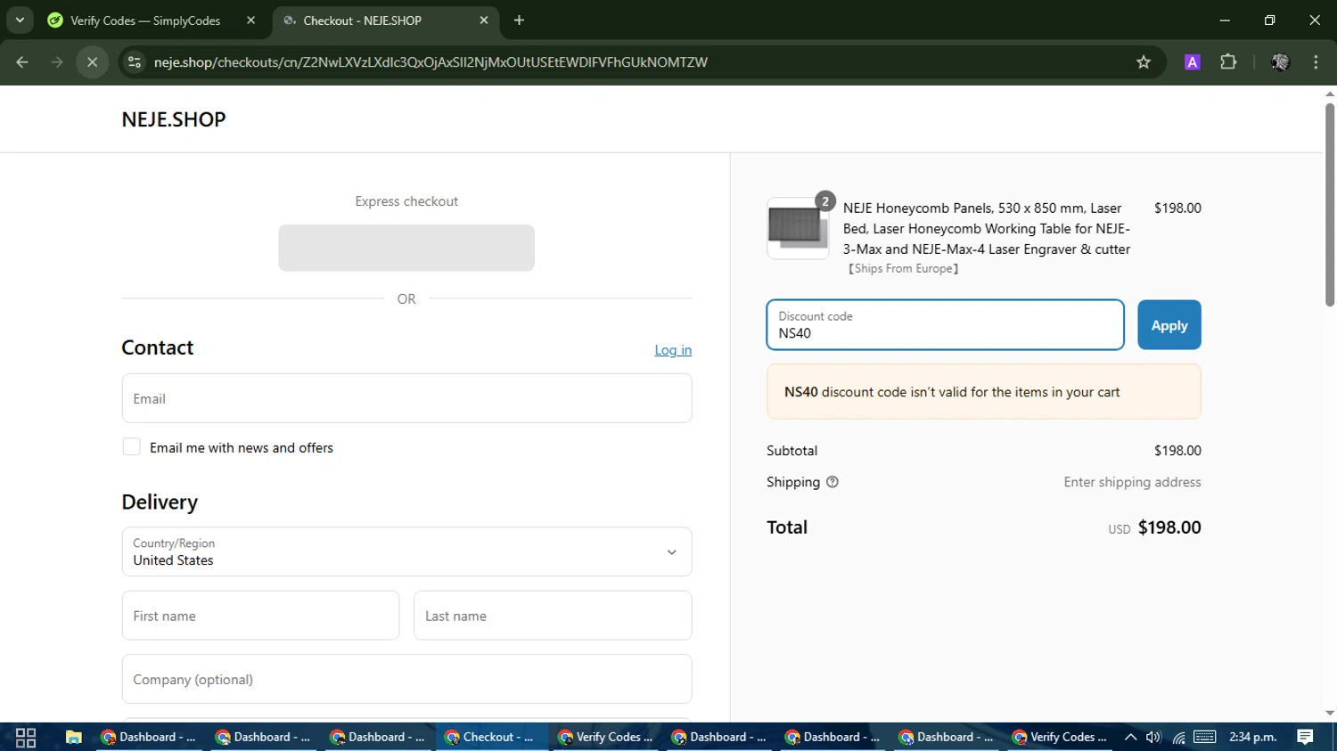 Neje Shop discount code screenshot showing code NS40 applied at Neje Shop checkout page. Uploaded by SimplyCodes community member PrimeKnight6101 on Apr 6, 2025