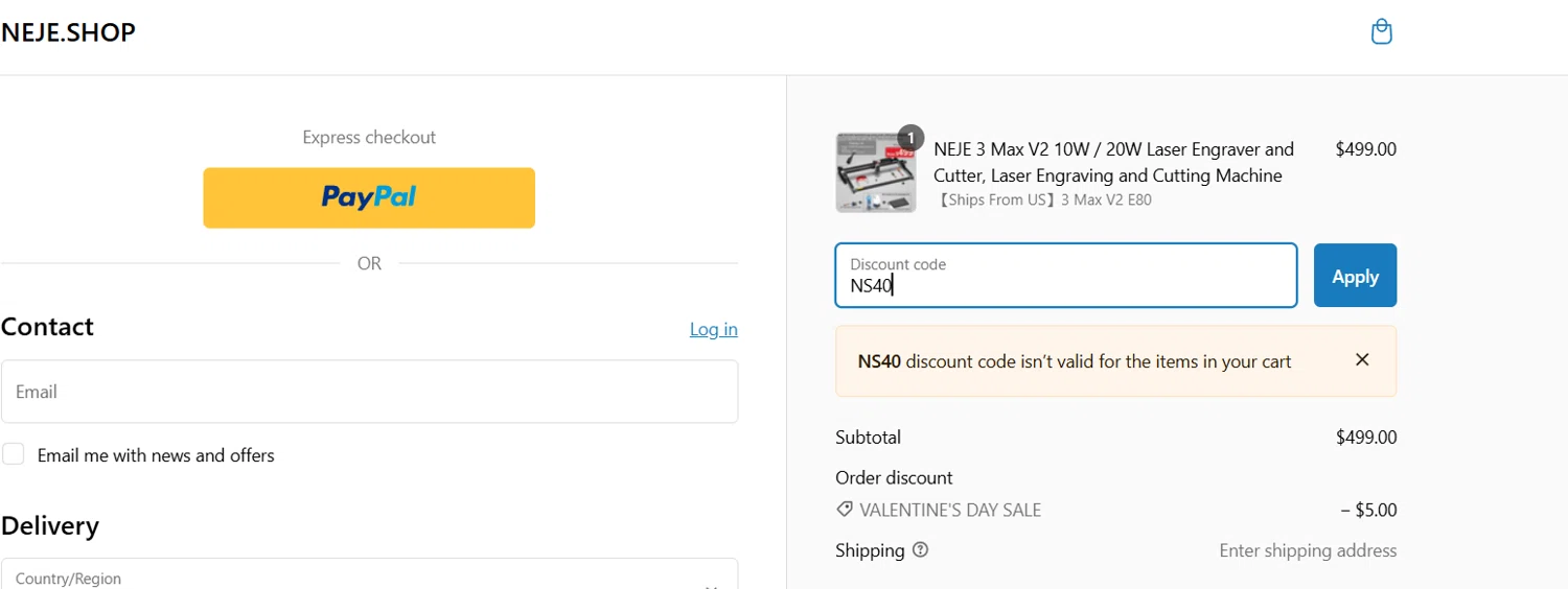Neje Shop discount code screenshot showing code NS40 applied at Neje Shop checkout page. Uploaded by SimplyCodes community member GoldChaser6627 on Feb 12, 2025