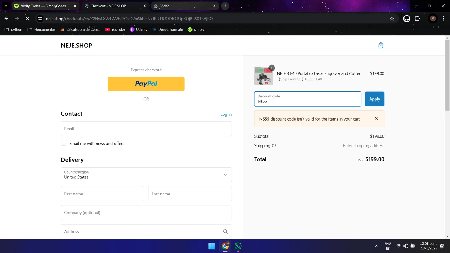Neje Shop discount code screenshot showing code Ns55 applied at Neje Shop checkout page. Uploaded by SimplyCodes community member Maocar on Jan 13, 2025