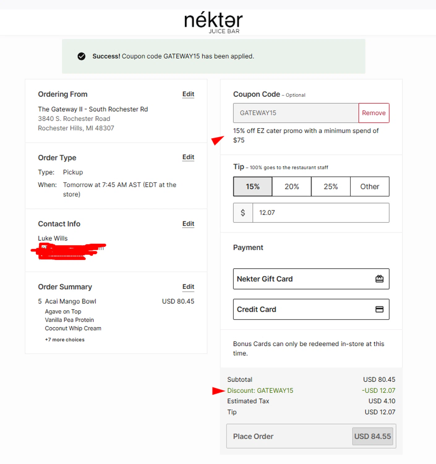 Nekter Juice Bar coupon code screenshot showing code GATEWAY15 applied at Nekter Juice Bar checkout page. Uploaded by SimplyCodes community member ______________________________ on May 6, 2025