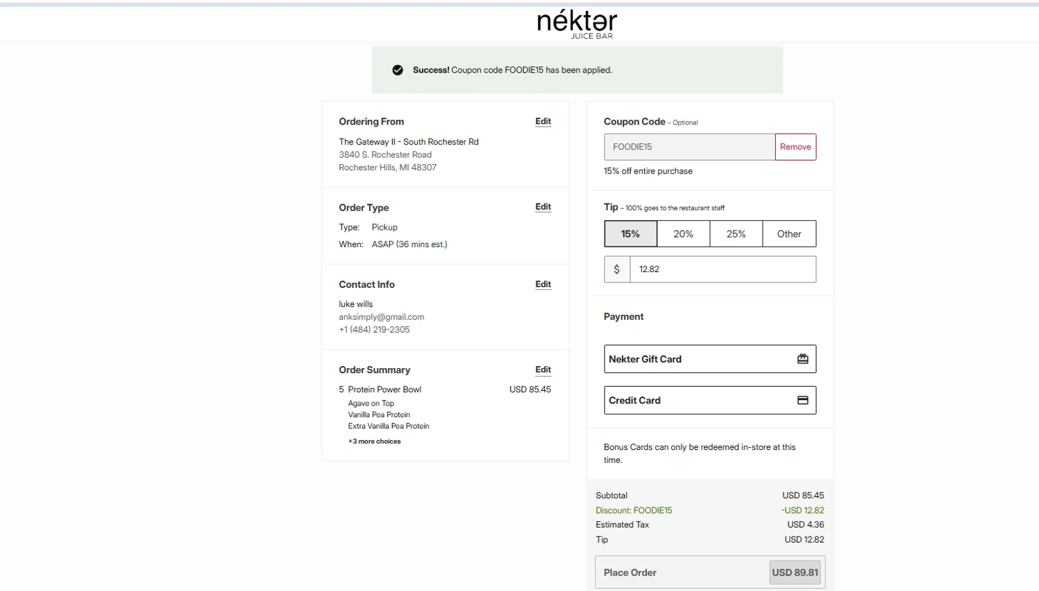 Nekter Juice Bar coupon code screenshot showing code FOODIE15 applied at Nekter Juice Bar checkout page. Uploaded by SimplyCodes community member ______________________________ on Jul 13, 2025