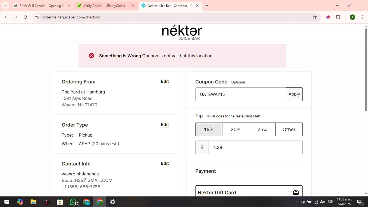 Nekter Juice Bar checkout page showing Nekter Juice Bar coupon code box | Screenshot taken by SimplyCodes community member on Apr 5, 2025