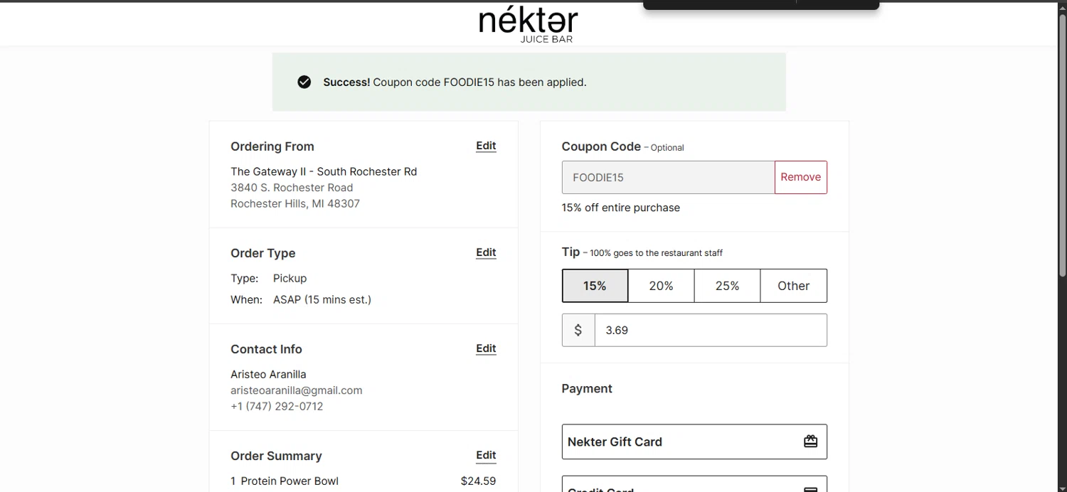Nekter Juice Bar coupon code screenshot showing code FOODIE15 applied at Nekter Juice Bar checkout page. Uploaded by SimplyCodes community member rapiddeals on Jul 14, 2025