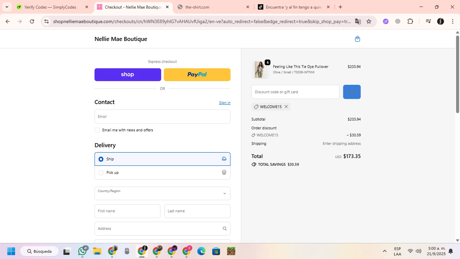 Nellie Mae Boutique coupon code screenshot showing code WELCOME15 applied at Nellie Mae Boutique checkout page. Uploaded by SimplyCodes community member ChinoYugiXD on Sep 21, 2025