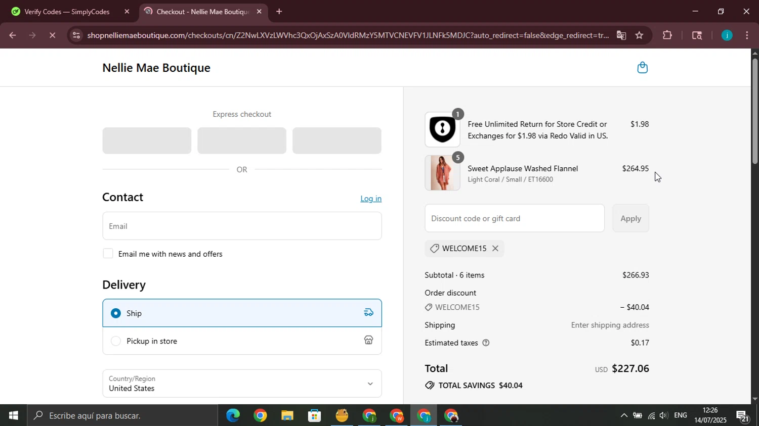 Nellie Mae Boutique coupon code screenshot showing code WELCOME15 applied at Nellie Mae Boutique checkout page. Uploaded by SimplyCodes community member juanjo2 on Jul 14, 2025