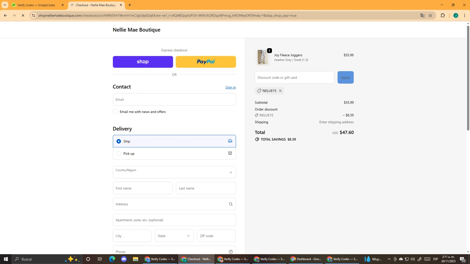 Nellie Mae Boutique coupon code screenshot showing code NELLIE15 applied at Nellie Mae Boutique checkout page. Uploaded by SimplyCodes community member DealScout5970 on Nov 20, 2025