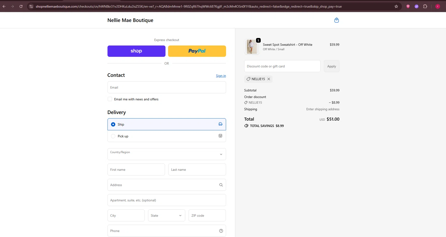 Nellie Mae Boutique checkout page showing Nellie Mae Boutique coupon code box | Screenshot taken by SimplyCodes community member on Feb 13, 2026