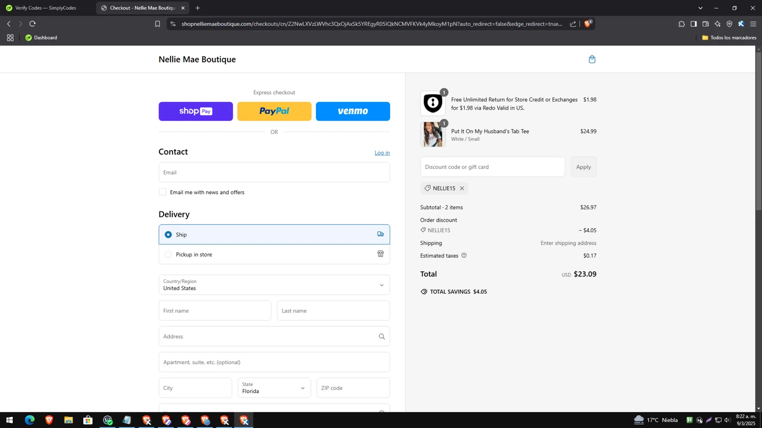 Nellie Mae Boutique coupon code screenshot showing code NELLIE15 applied at Nellie Mae Boutique checkout page. Uploaded by SimplyCodes community member PrimeExpert2544 on Mar 9, 2025