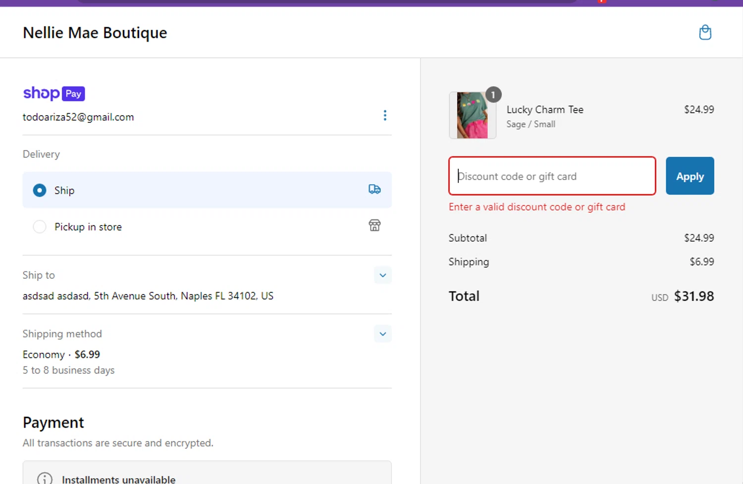 Nellie Mae Boutique coupon code screenshot showing code LABORDAY50 applied at Nellie Mae Boutique checkout page. Uploaded by SimplyCodes community member Rei_Chikita_uwu on Feb 12, 2025