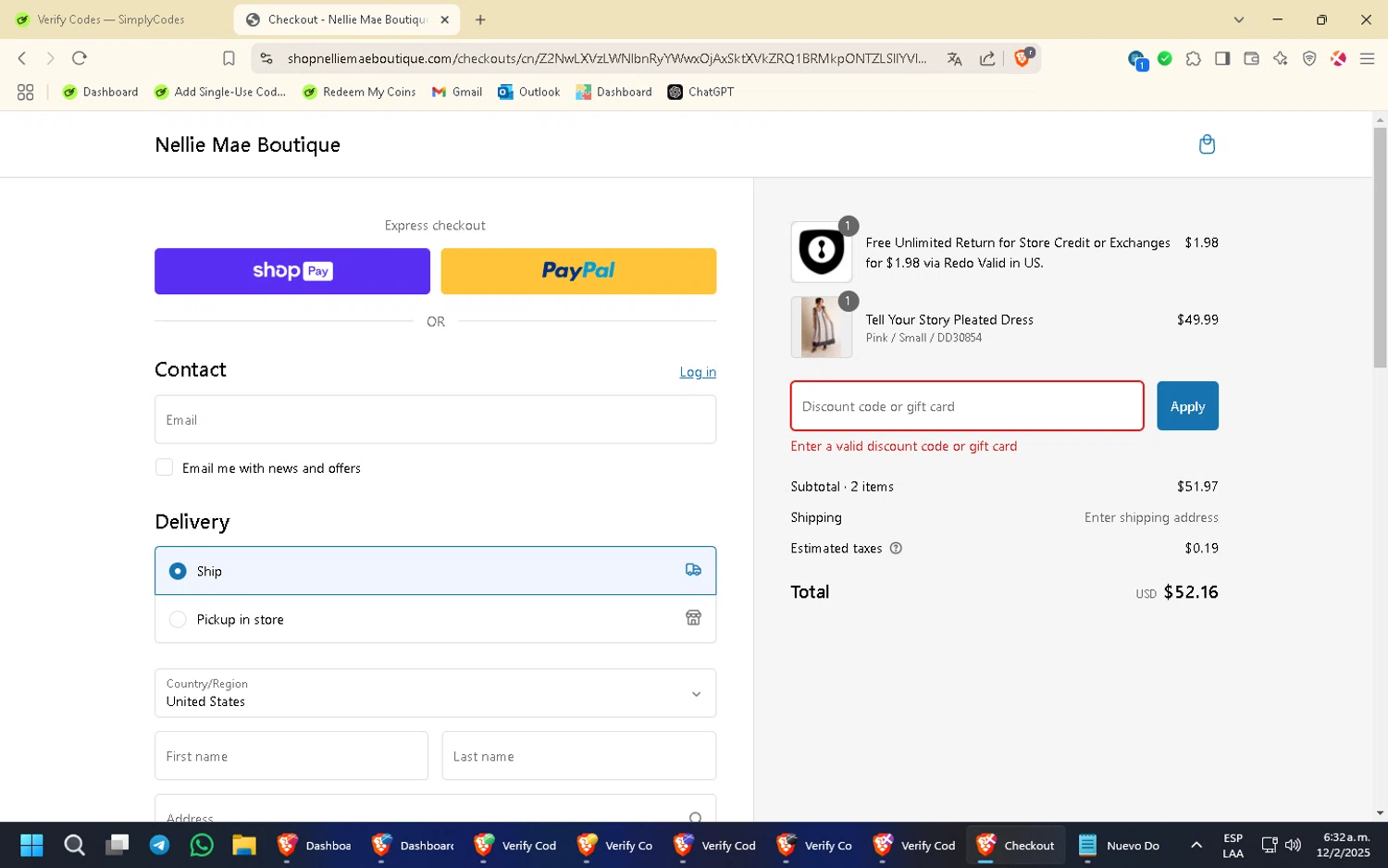 Nellie Mae Boutique coupon code screenshot showing code LABORDAY50 applied at Nellie Mae Boutique checkout page. Uploaded by SimplyCodes community member FortunatePilot9624 on Feb 12, 2025