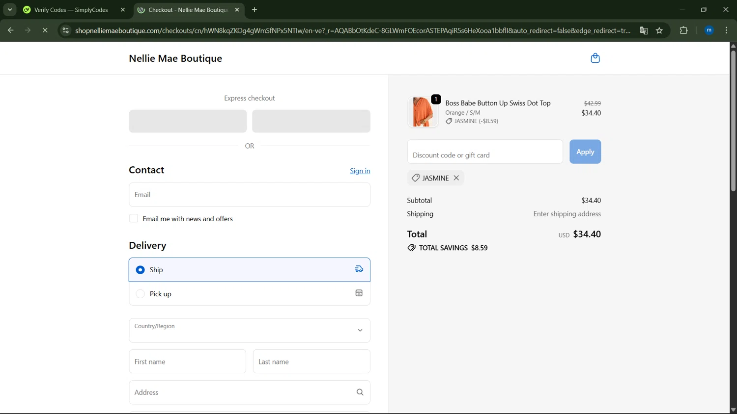 Nellie Mae Boutique checkout page showing Nellie Mae Boutique coupon code box | Screenshot taken by SimplyCodes community member on Feb 13, 2026