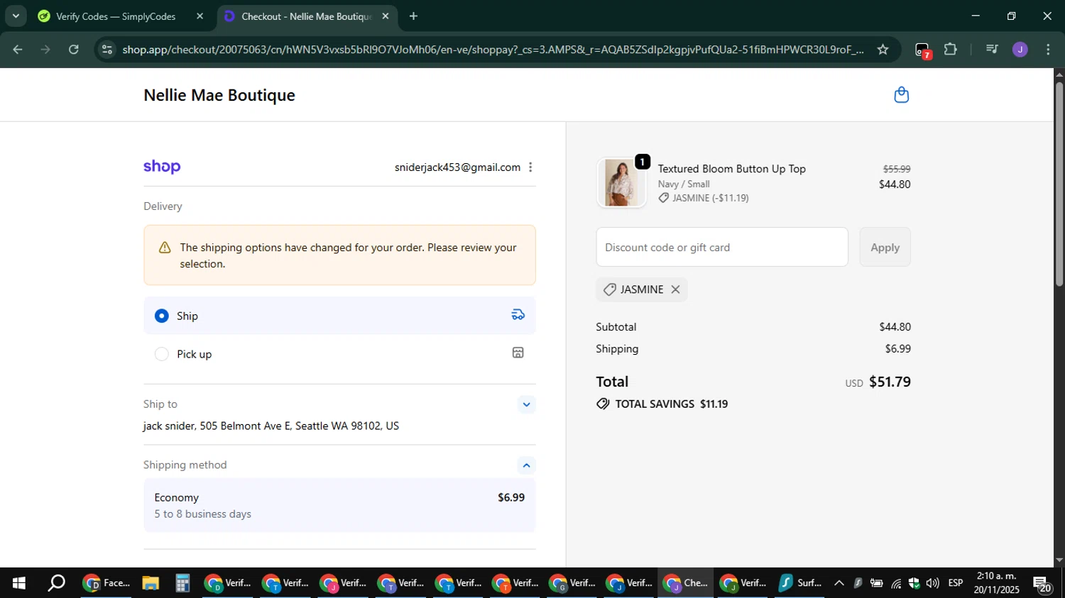 Nellie Mae Boutique coupon code screenshot showing code JASMINE applied at Nellie Mae Boutique checkout page. Uploaded by SimplyCodes community member sniderjack453 on Nov 20, 2025