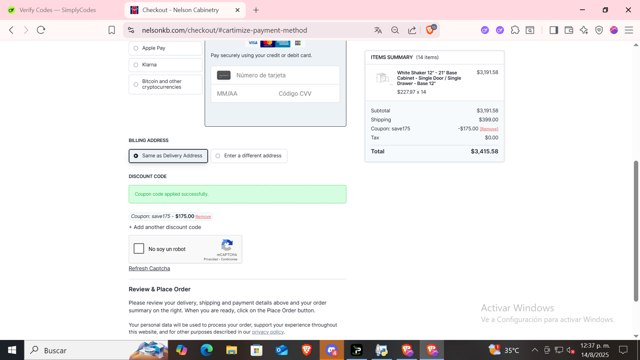 Nelson Cabinetry checkout page showing Nelson Cabinetry coupon code box | Screenshot taken by SimplyCodes community member on Aug 14, 2025