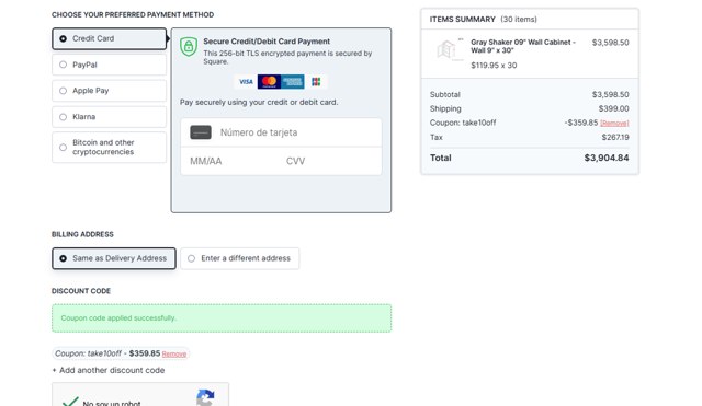 Nelson Cabinetry checkout page showing Nelson Cabinetry coupon code box | Screenshot taken by SimplyCodes community member on Aug 14, 2025