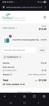 Nelson Naturals coupon verification screenshot