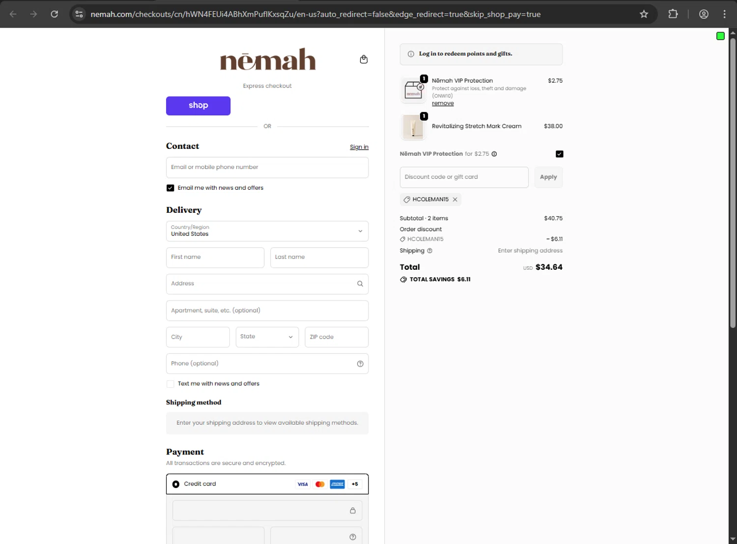 Nēmah promo code screenshot showing code hcoleman15 applied at Nēmah checkout page. Uploaded by SimplyCodes community member CouponHawk7847 on Oct 18, 2025
