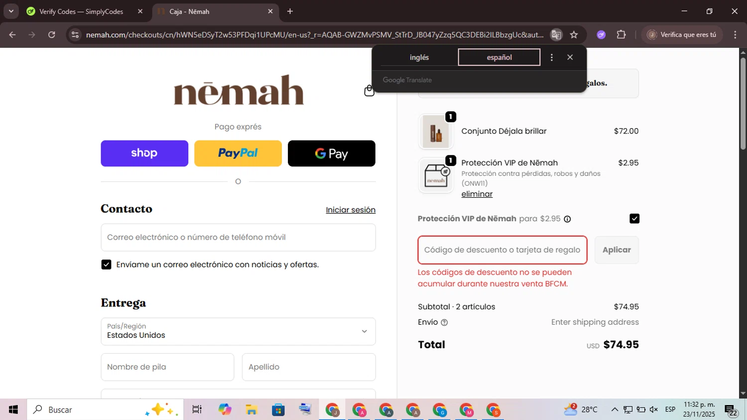 Nēmah promo code screenshot showing code FRANCESCA20 applied at Nēmah checkout page. Uploaded by SimplyCodes community member CrownChaser949 on Nov 24, 2025