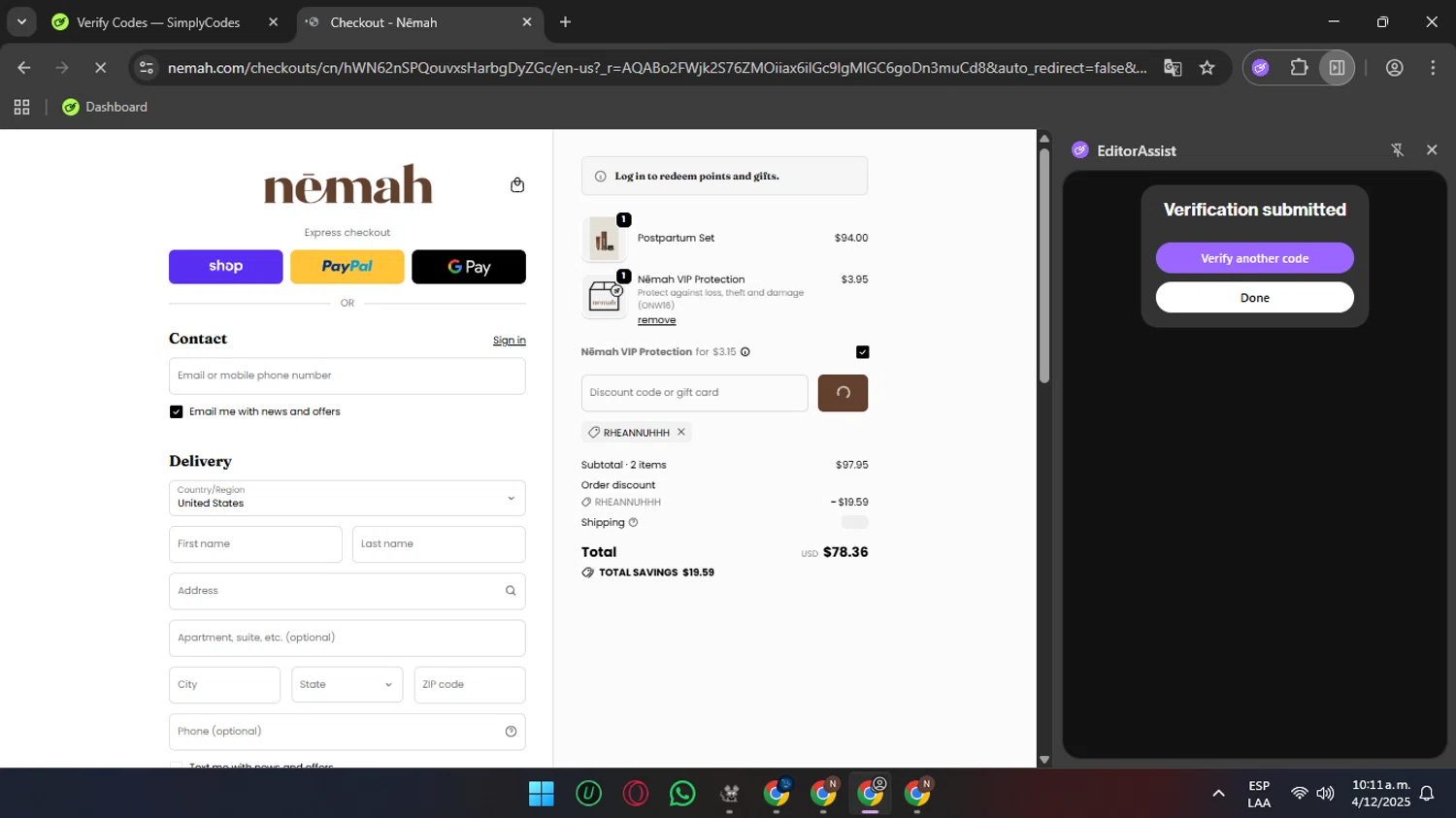 Nēmah promo code screenshot showing code RHEANNUHHH applied at Nēmah checkout page. Uploaded by SimplyCodes community member SunJinWoo on Dec 4, 2025