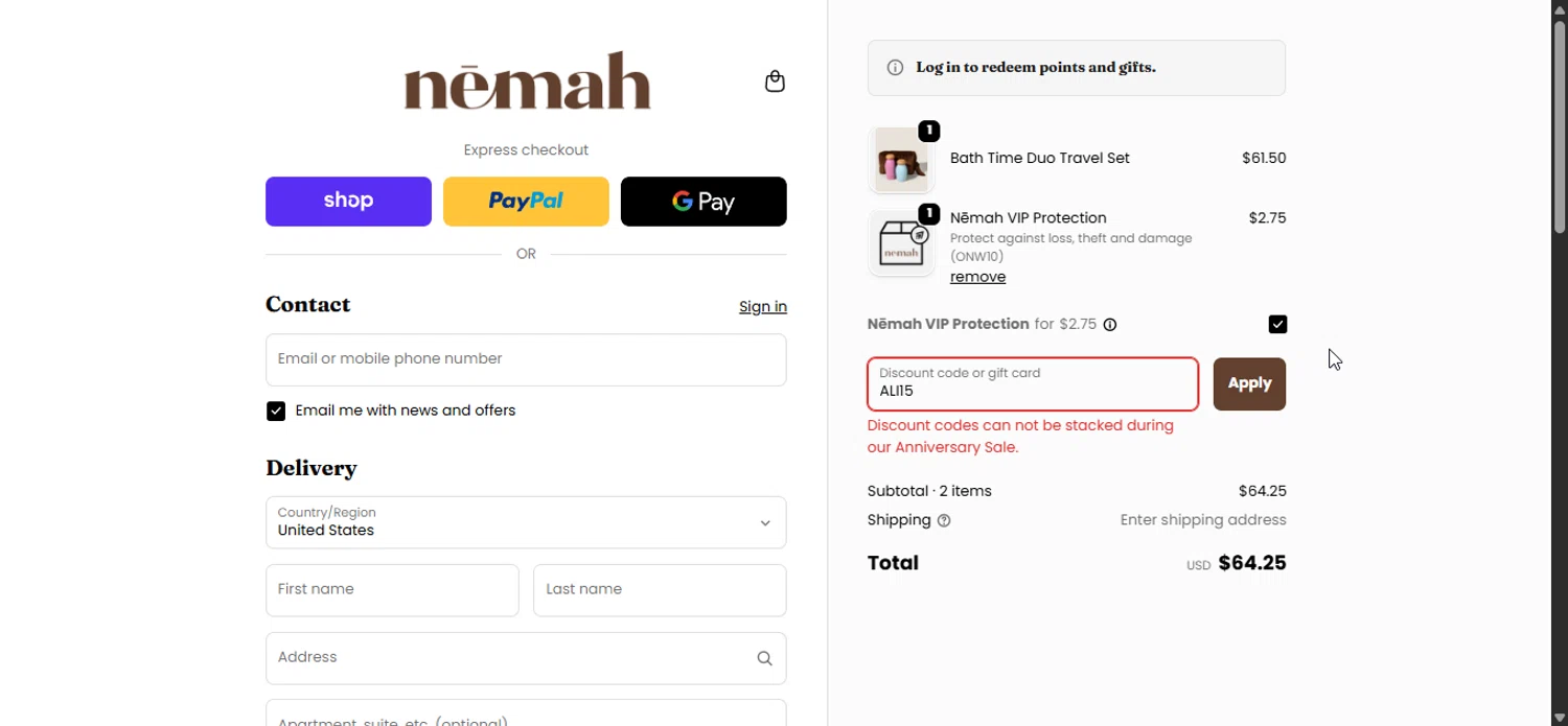 Nēmah promo code screenshot showing code ALI15 applied at Nēmah checkout page. Uploaded by SimplyCodes community member Bendito on Oct 10, 2025