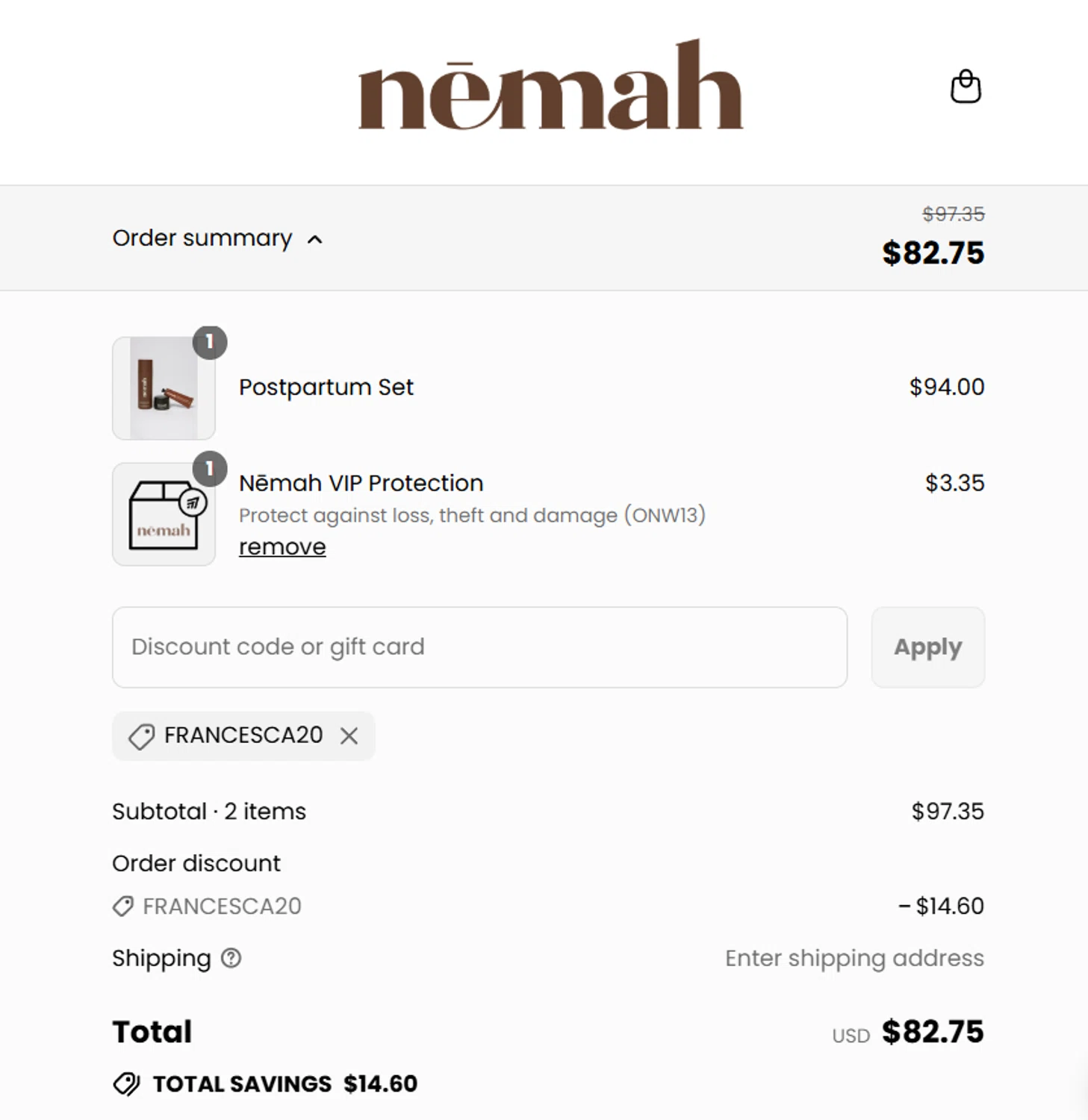 Nēmah promo code screenshot showing code FRANCESCA20 applied at Nēmah checkout page. Uploaded by SimplyCodes community member becomeaware on Sep 12, 2025