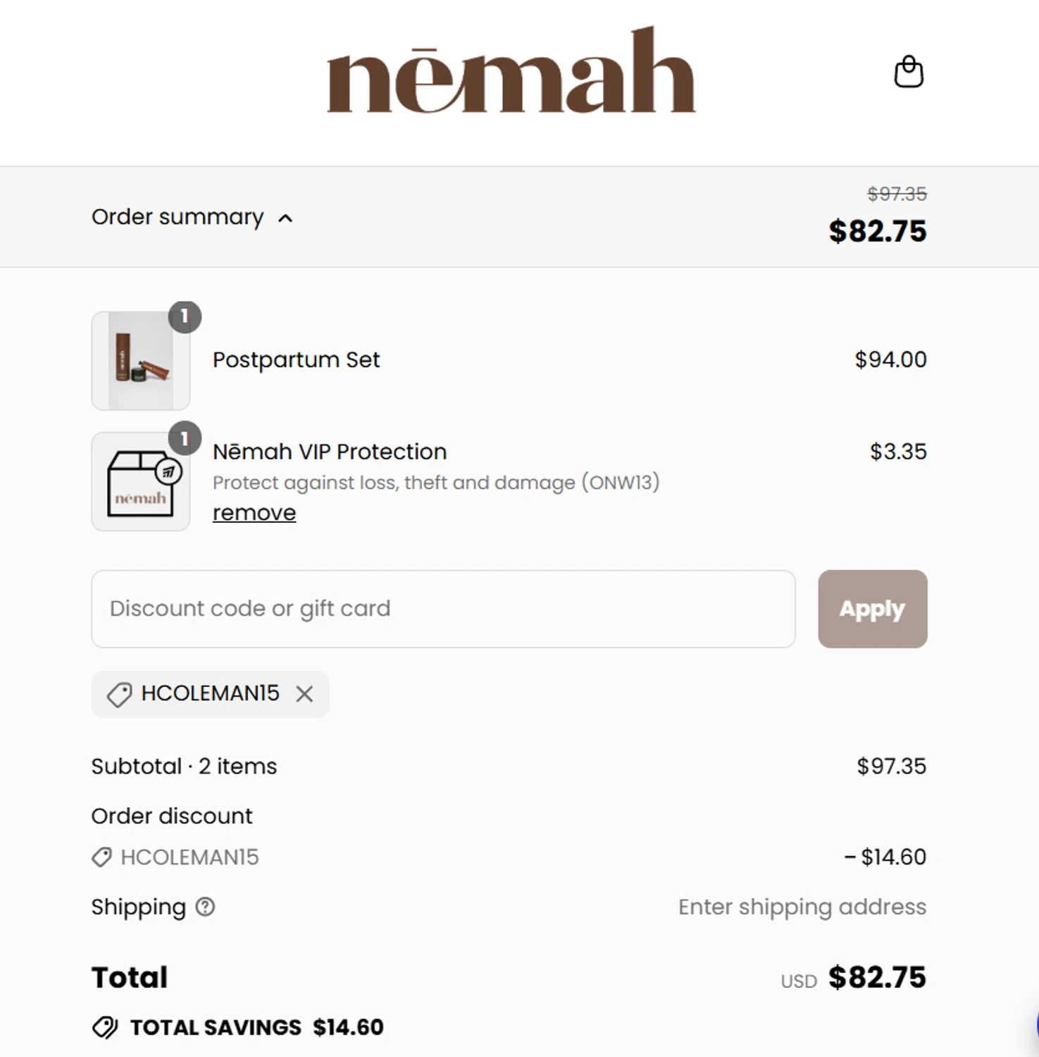 Nēmah promo code screenshot showing code hcoleman15 applied at Nēmah checkout page. Uploaded by SimplyCodes community member becomeaware on Sep 12, 2025