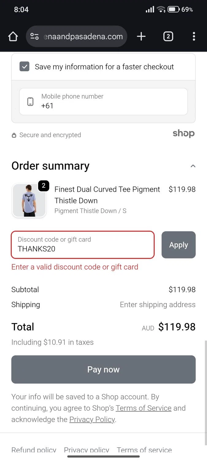 Nena & Pasadena promo code screenshot showing code THANKS20 applied at Nena & Pasadena checkout page. Uploaded by SimplyCodes community member FrugalMonarch7277 on Jan 1, 2026