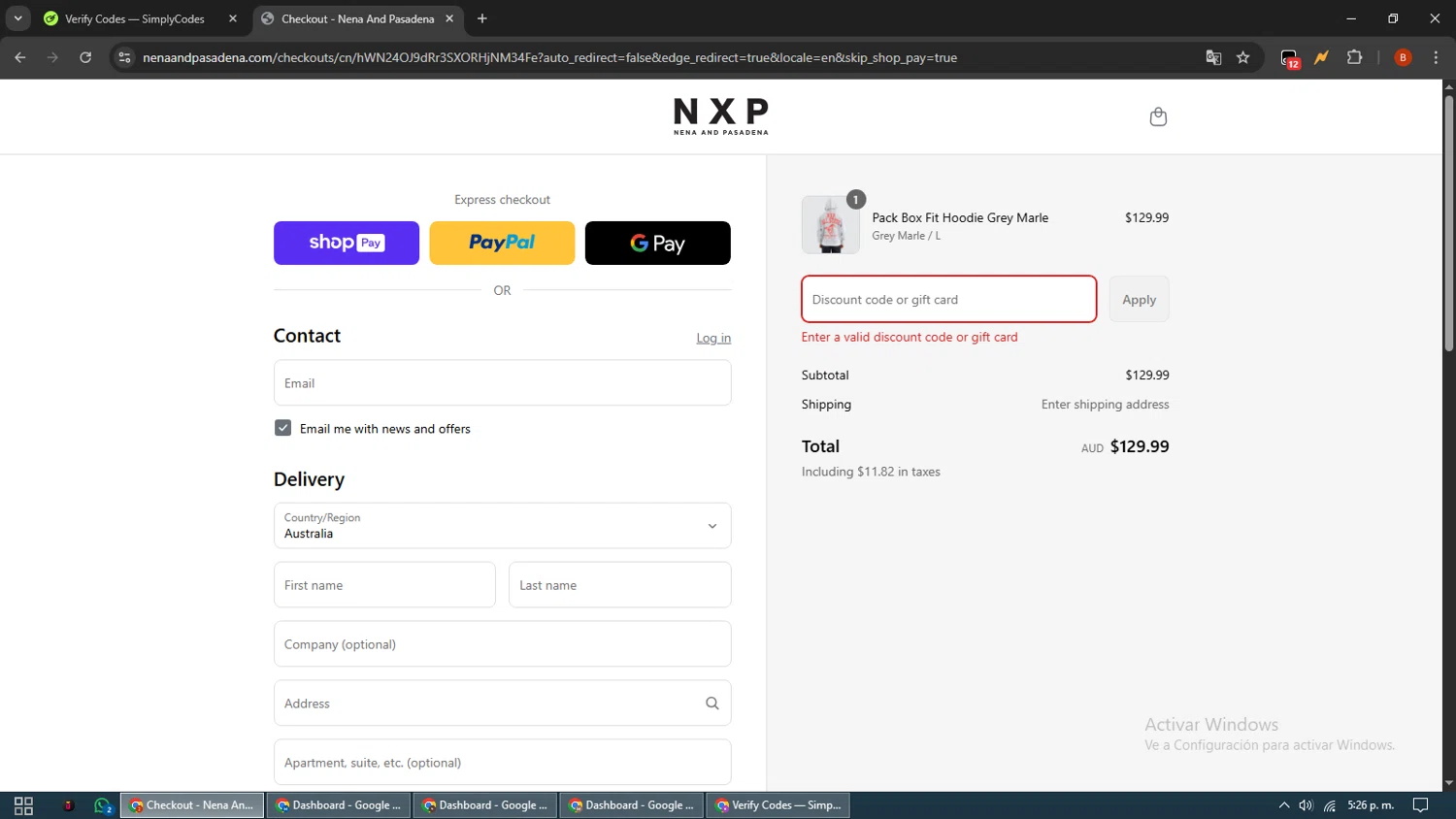 Nena & Pasadena promo code screenshot showing code NXP10667Q3587 applied at Nena & Pasadena checkout page. Uploaded by SimplyCodes community member BrilliantLynx7174 on Aug 21, 2025
