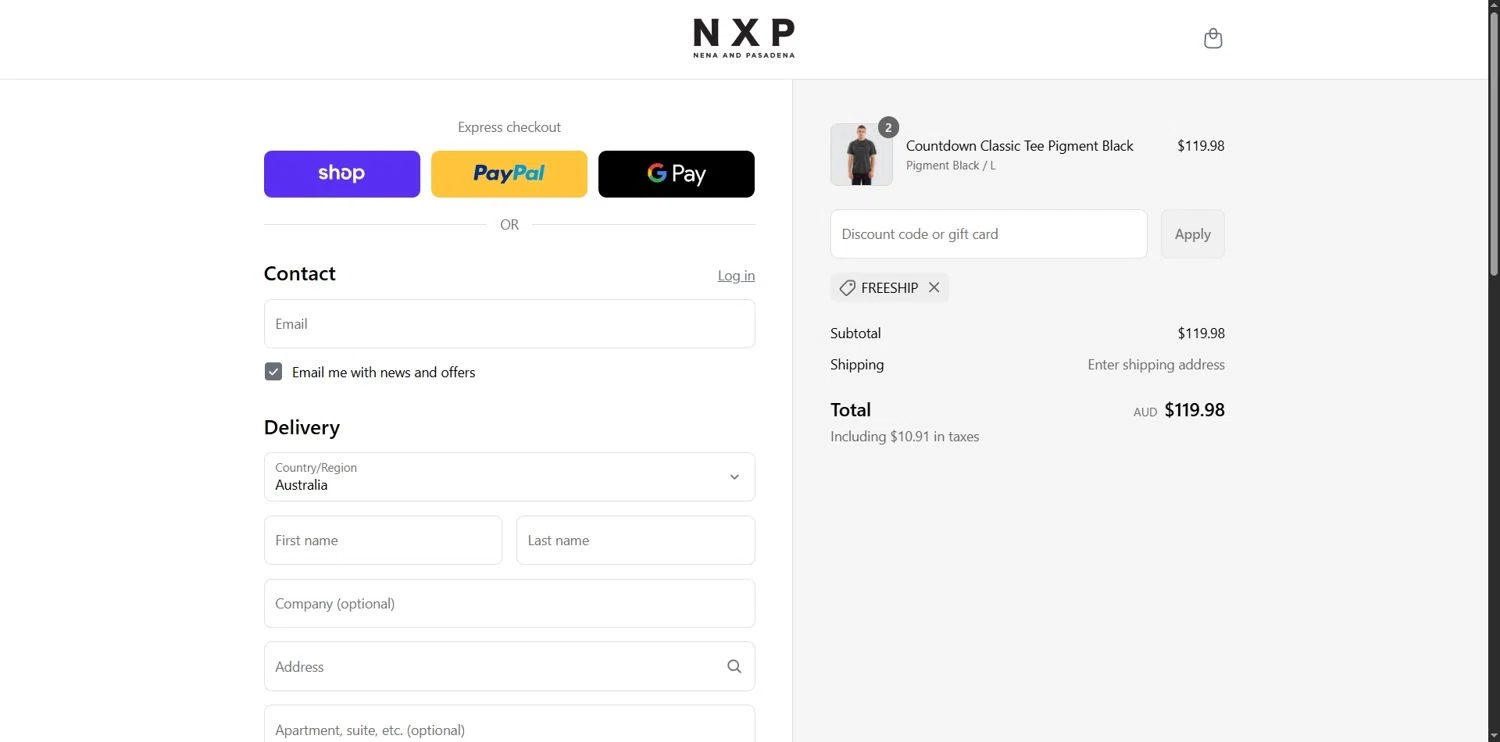 Nena & Pasadena promo code screenshot showing code FREESHIP applied at Nena & Pasadena checkout page. Uploaded by SimplyCodes community member Depressive on Sep 8, 2025