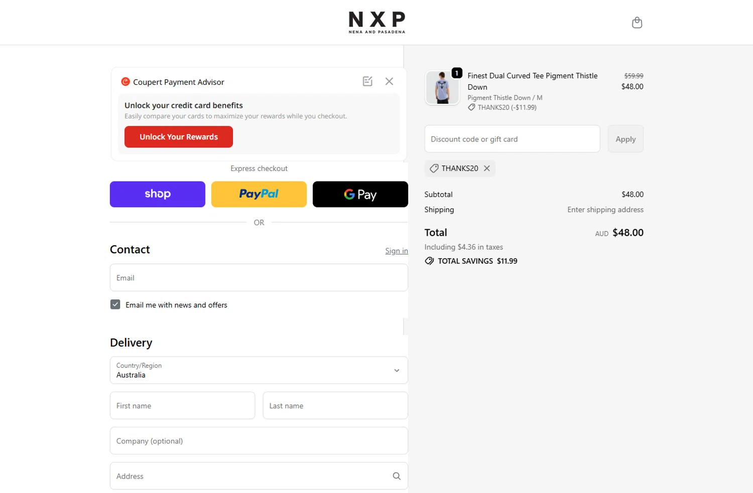 Nena & Pasadena promo code screenshot showing code THANKS20 applied at Nena & Pasadena checkout page. Uploaded by SimplyCodes community member ivantorres on Dec 7, 2025