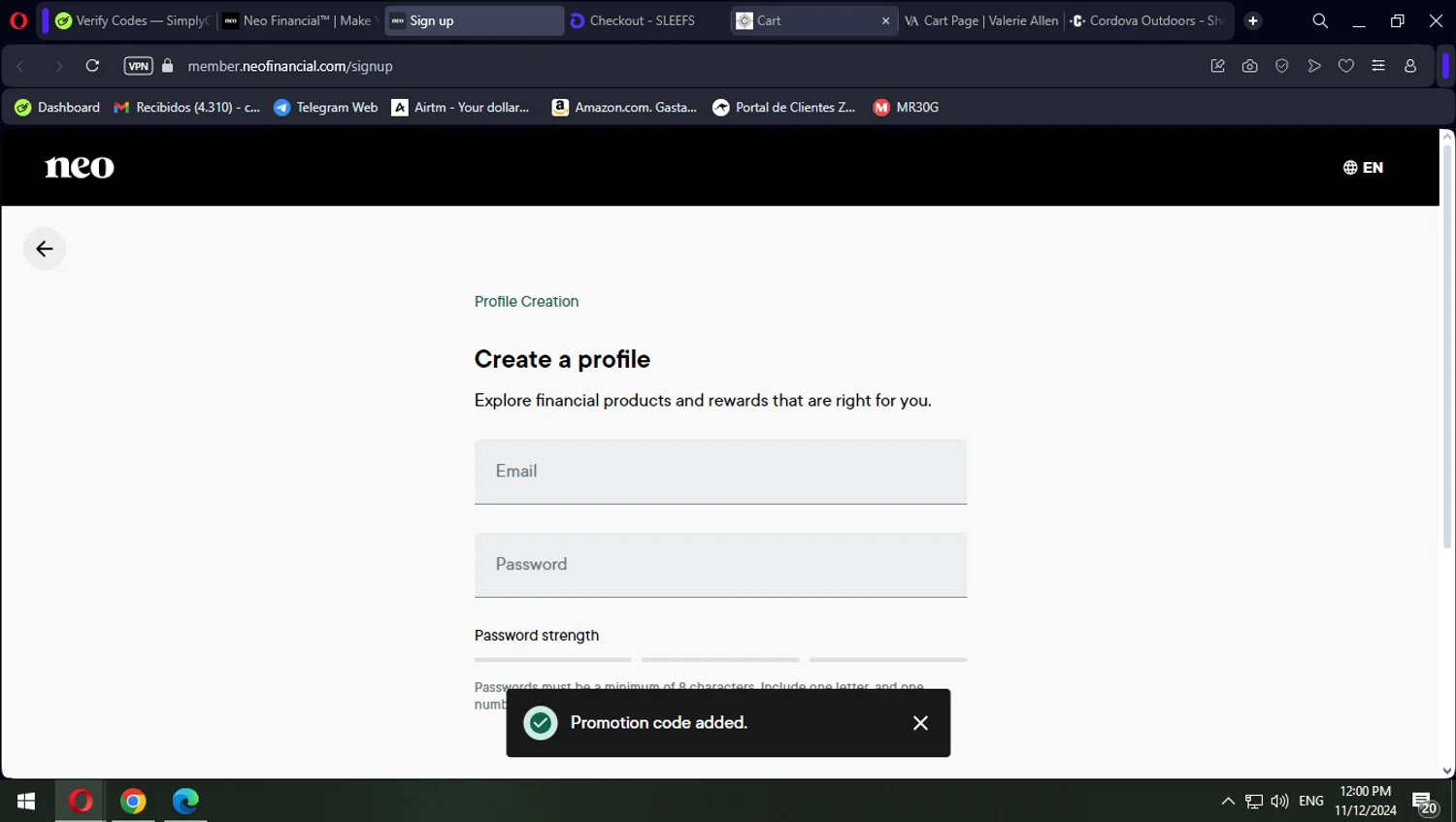 Neo Financial checkout page showing Neo Financial promo code box | Screenshot taken by SimplyCodes community member on Nov 12, 2024