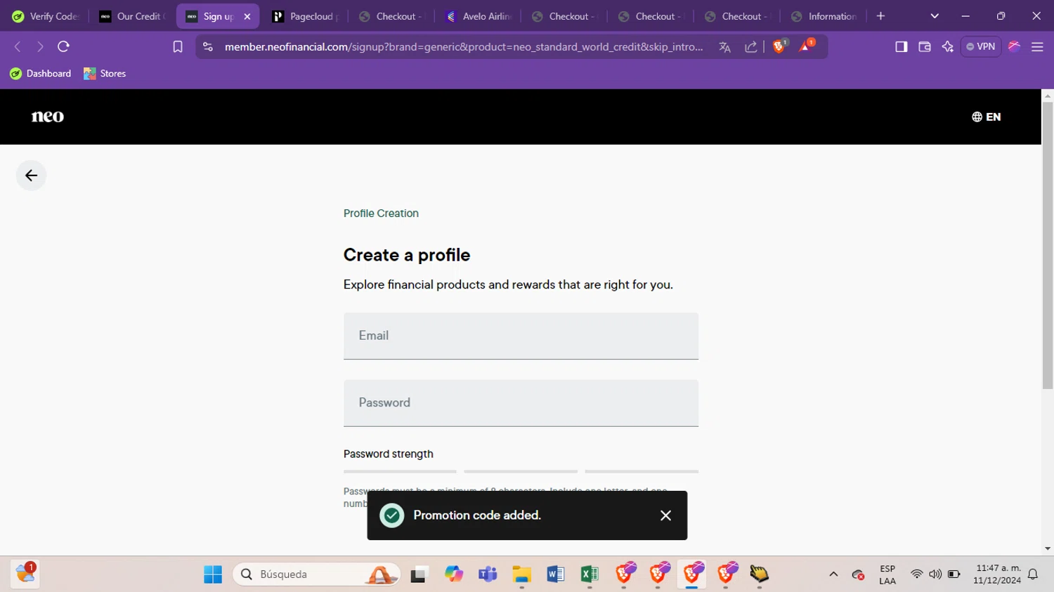 Neo Financial checkout page showing Neo Financial promo code box | Screenshot taken by SimplyCodes community member on Nov 12, 2024