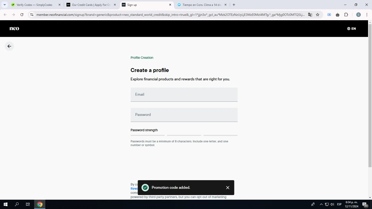 Neo Financial checkout page showing Neo Financial promo code box | Screenshot taken by SimplyCodes community member on Nov 12, 2024