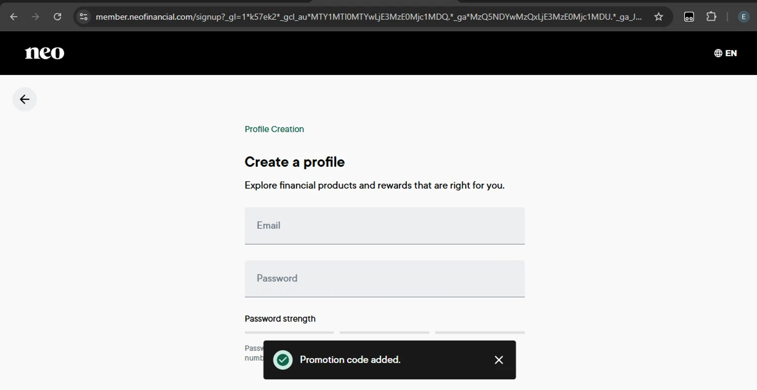Neo Financial checkout page showing Neo Financial promo code box | Screenshot taken by SimplyCodes community member on Nov 12, 2024