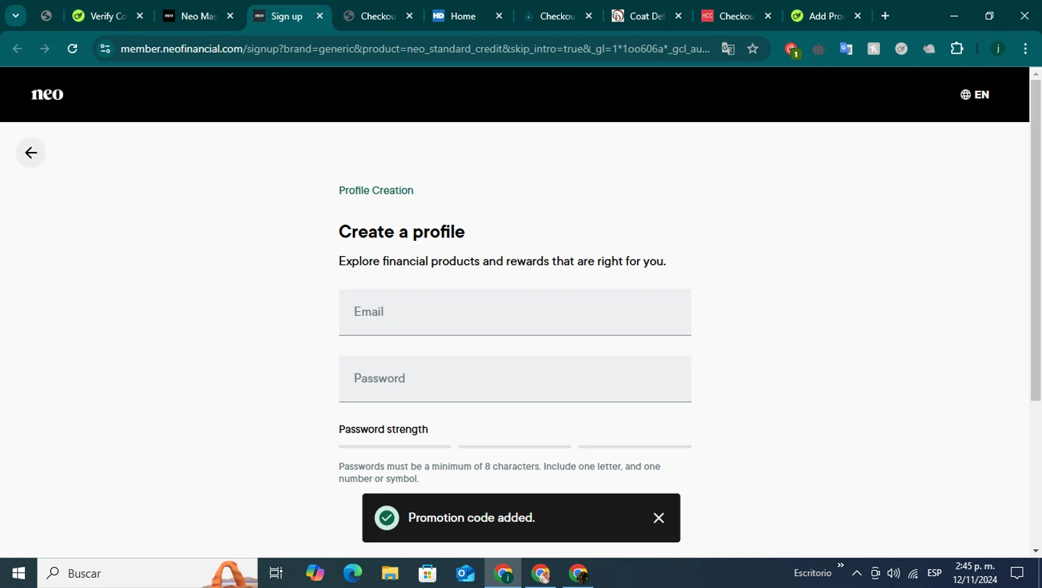 Neo Financial checkout page showing Neo Financial promo code box | Screenshot taken by SimplyCodes community member on Nov 12, 2024