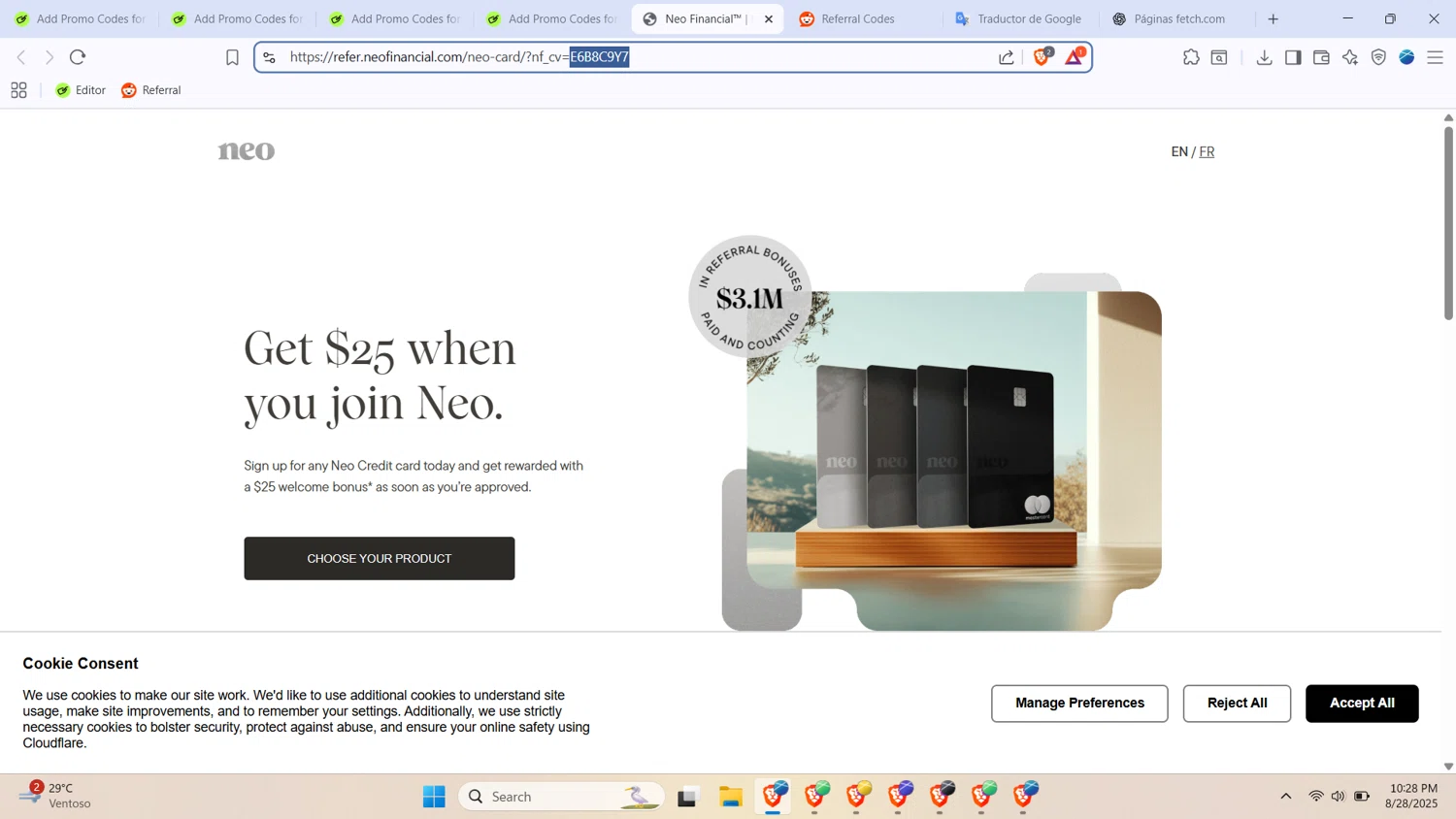 Neo Financial promo code screenshot showing code E6B8C9Y7 applied at Neo Financial checkout page. Uploaded by SimplyCodes community member BabaYaga on Aug 29, 2025