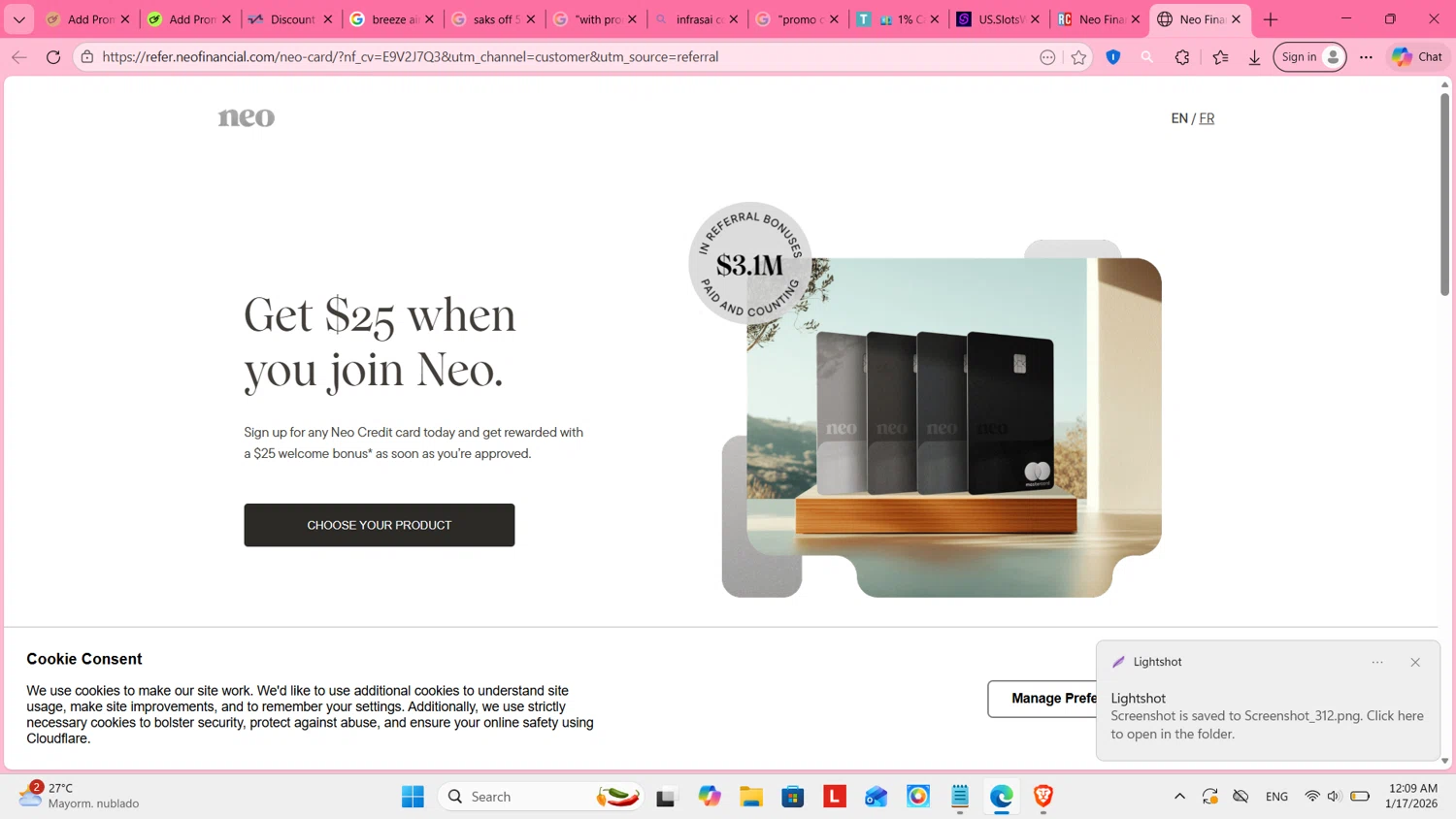 Neo Financial promo code screenshot showing code E9V2J7Q3 applied at Neo Financial checkout page. Uploaded by SimplyCodes community member cosita on Jan 17, 2026