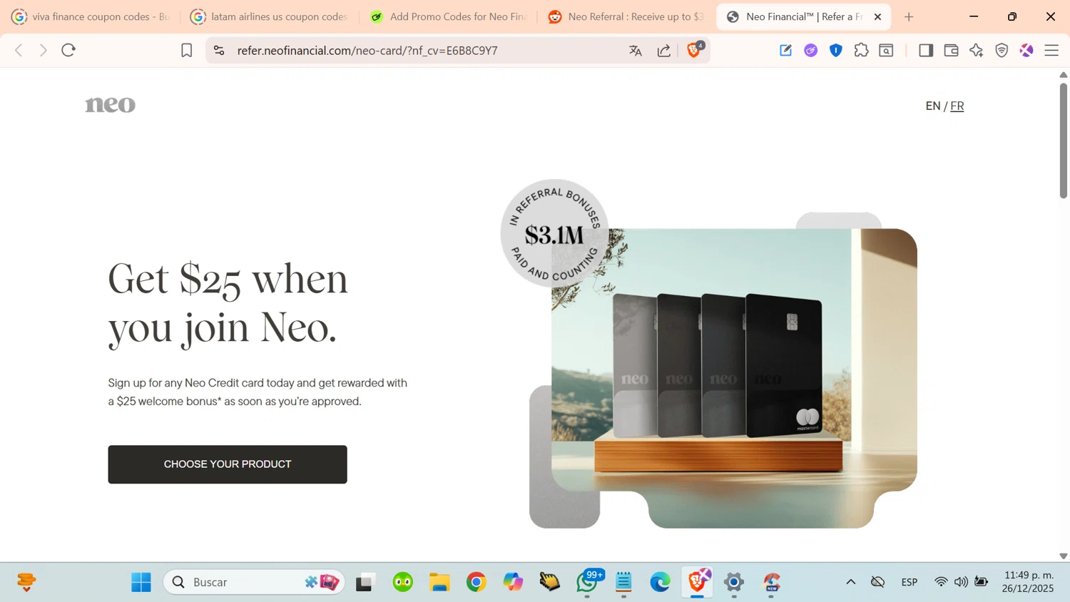Neo Financial promo code screenshot showing code E6B8C9Y7 applied at Neo Financial checkout page. Uploaded by SimplyCodes community member cosita on Dec 27, 2025