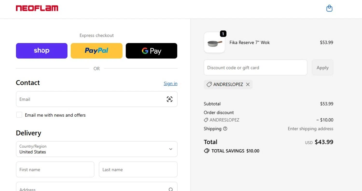 Neoflam promo code screenshot showing code ANDRESLOPEZ applied at Neoflam checkout page. Uploaded by SimplyCodes community member mandrakke on Jun 13, 2026